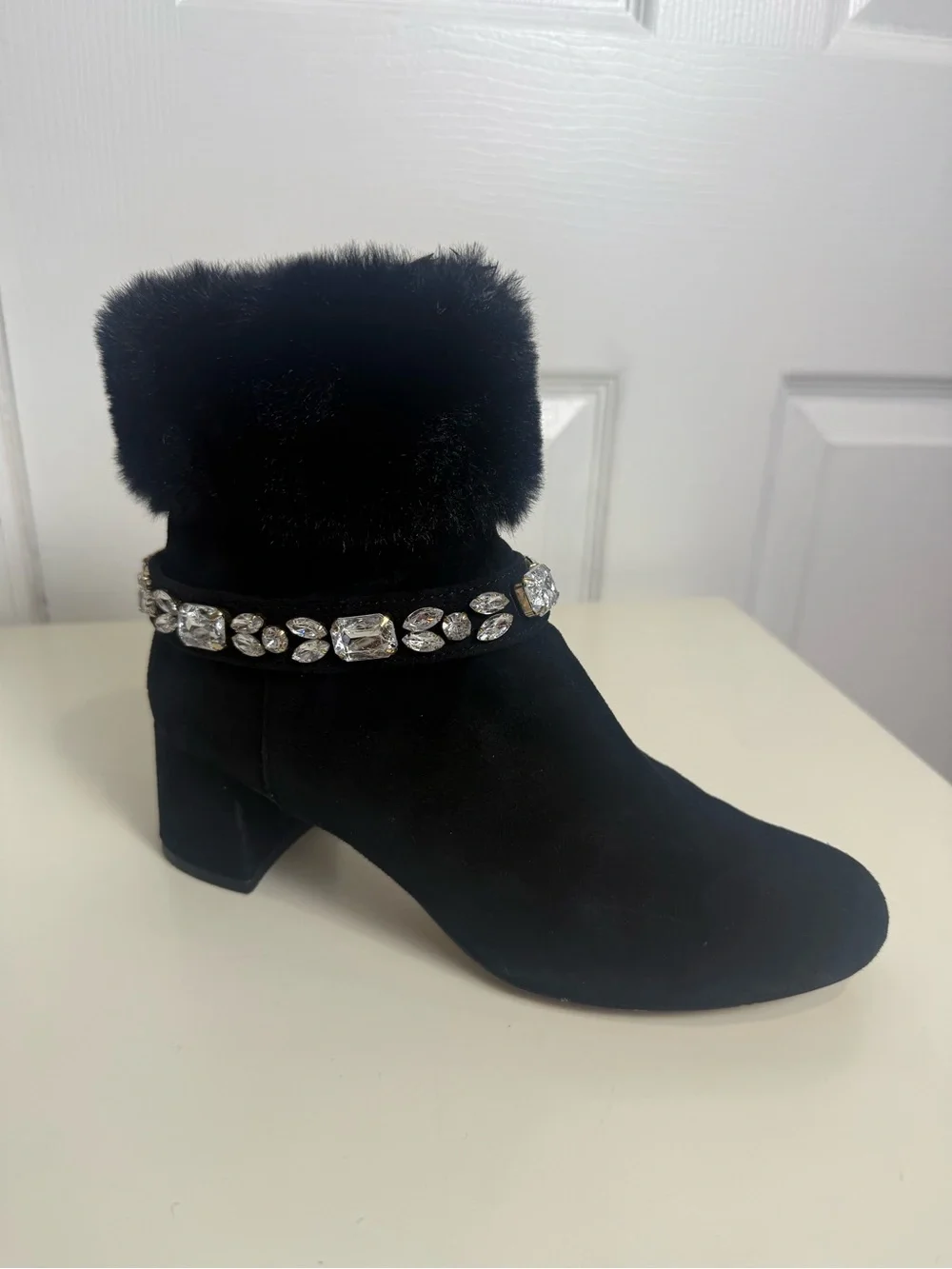 Adrienne Vittadini AV-Lazar Women’s Black Suede Faux Fur Rhinestone ankle boot/7